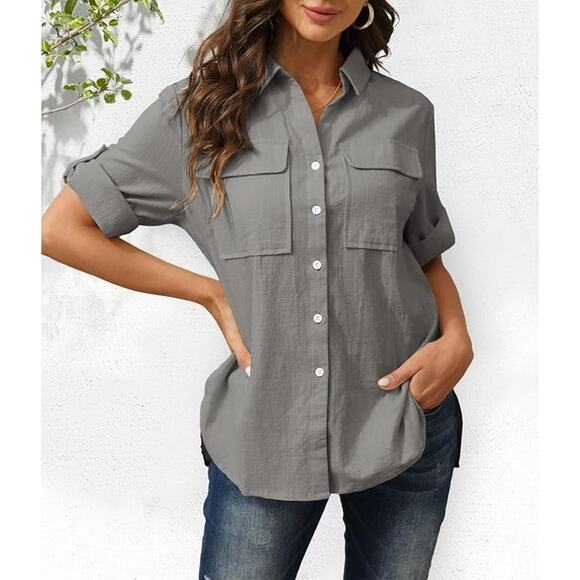 Short Sleeve Button Down Gray Blouse Roll Up Cuffed Collared Top with Pockets XL - Picture 5 of 5
